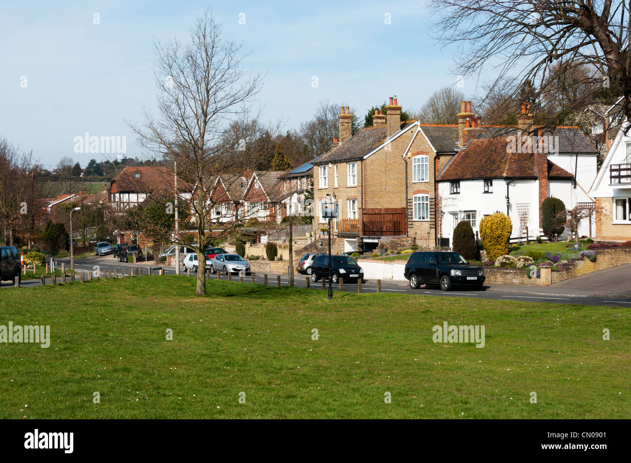 Houses around the village green of Pratt's Bottom in Kent Stock Photo ...
