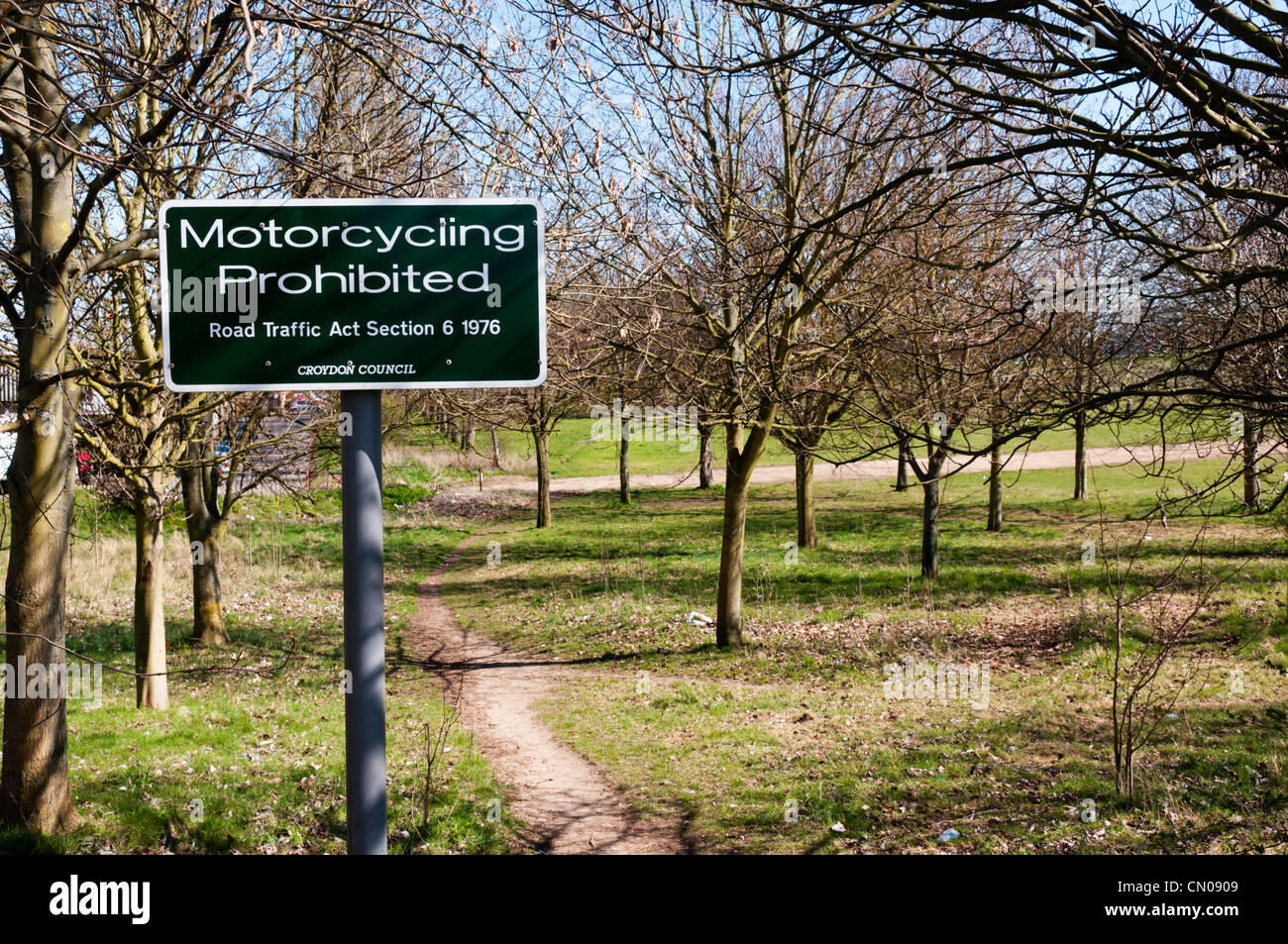 A sign prohibiting Motorcycling under s6 of the Road Traffic Act 1976 on the Roundshaw Open Space, Croydon. Stock Photo