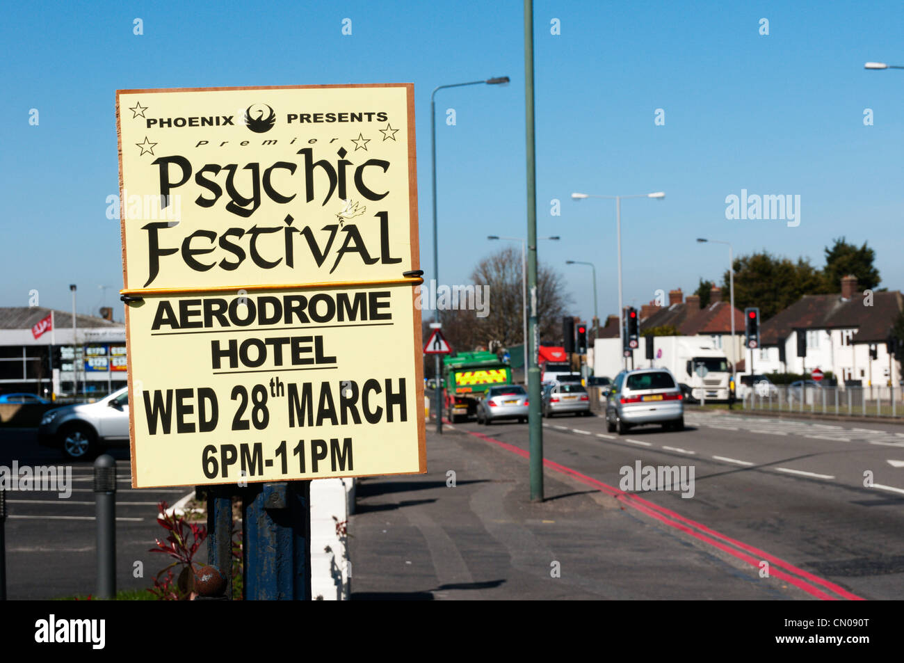 Sign for a Psychic Festival at the Aerodrome Hotel on the Purley Way, Croydon. Stock Photo