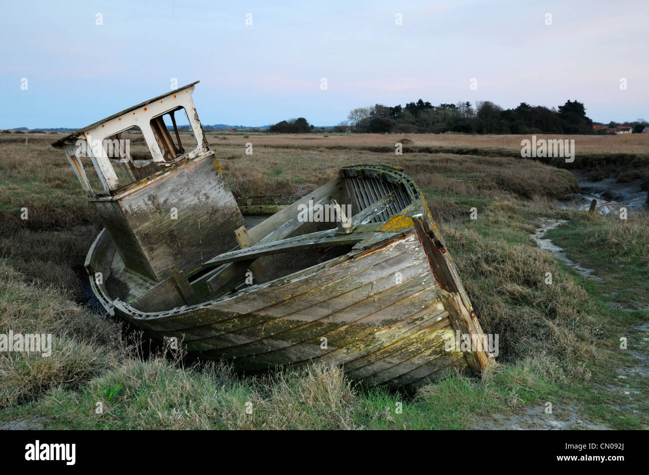 Wrecked Boat at Thornham, Norfolk, England, UK Stock Photo