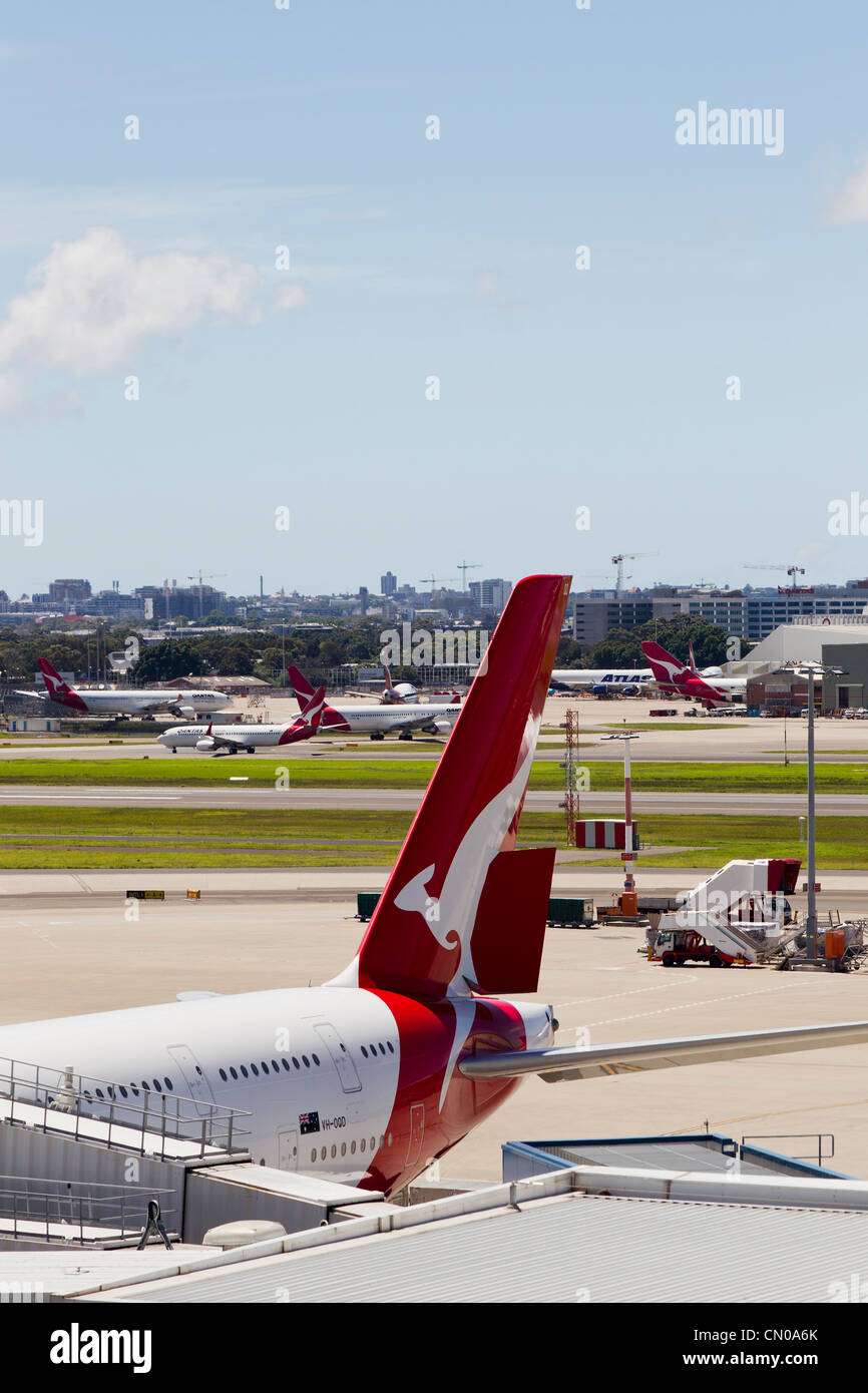 Sydney Airport Qantas Plane Taxing Runway Stock Photo