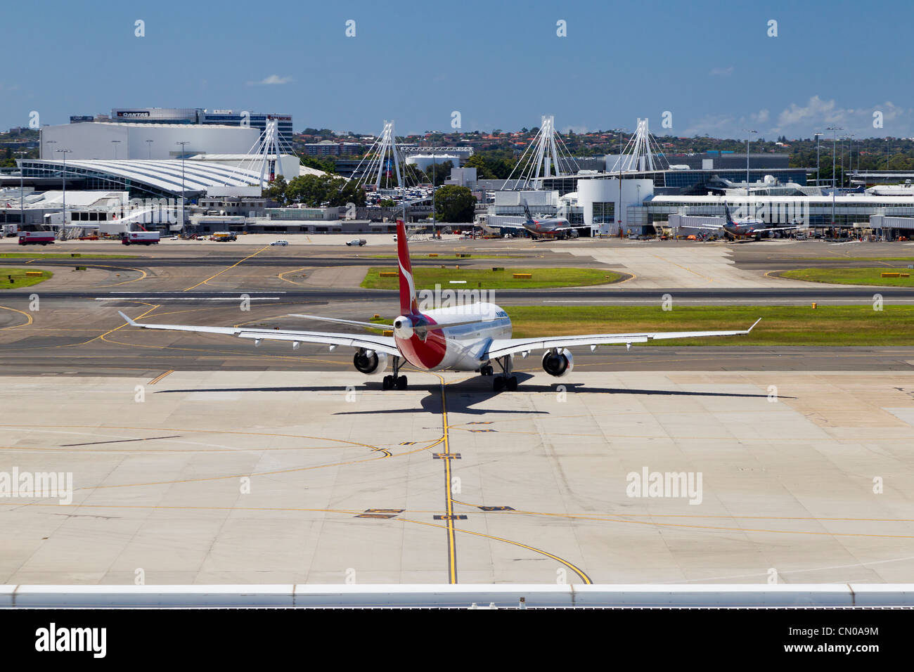 Sydney Airport Qantas Plane Taxing Runway Stock Photo
