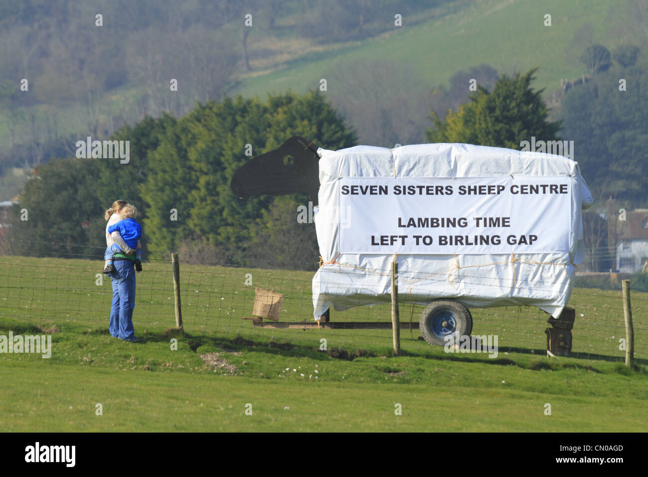 A giant sign advertising lambing season at the Seven Sisters Sheep Centre near East Dean, East Sussex, England Stock Photo