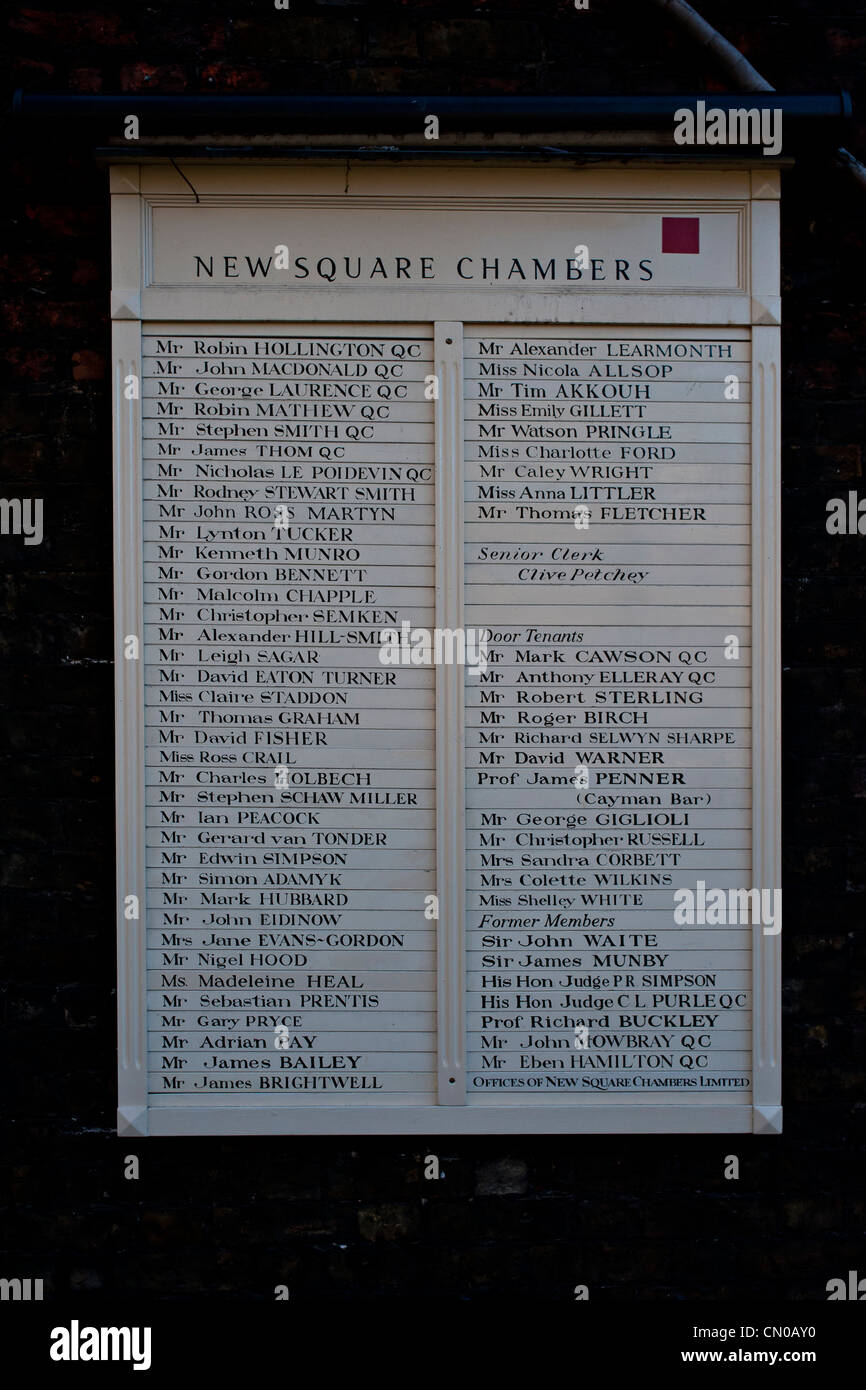List of Barrister occupants at New Square Chambers, Lincoln's Inn, London Stock Photo