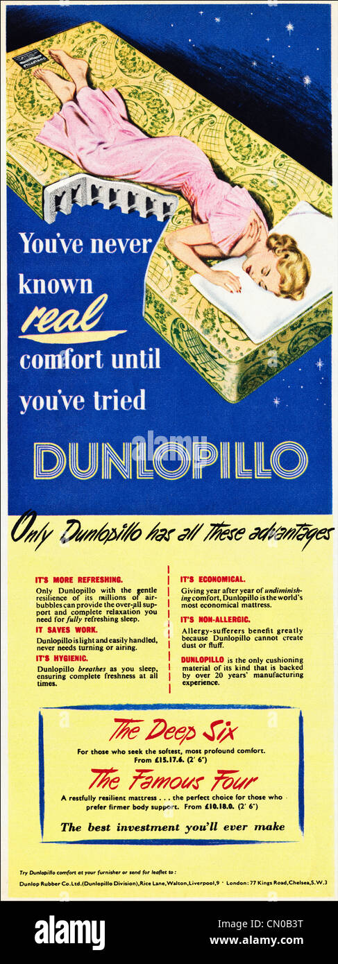 DUNOPILLO mattress advert Original advertisement from 1950s period magazine advertising Stock Photo