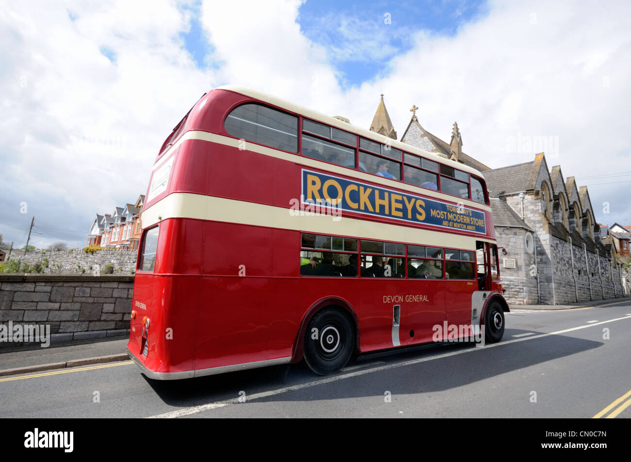 Classic Devon General Double Decker Bus travelling through Teignmouth in Devon Stock Photo