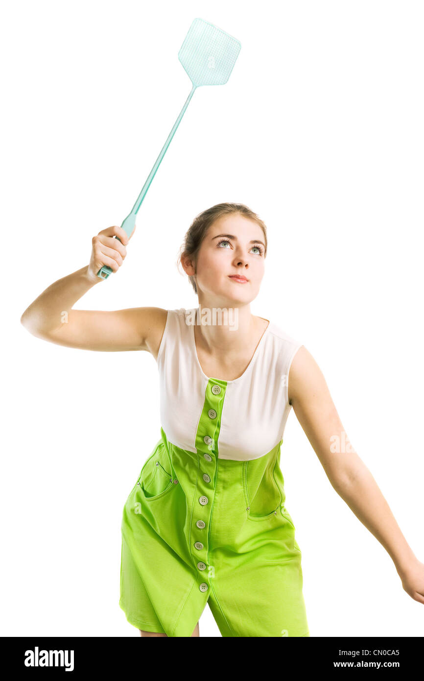 woman with fly swatter Stock Photo Alamy