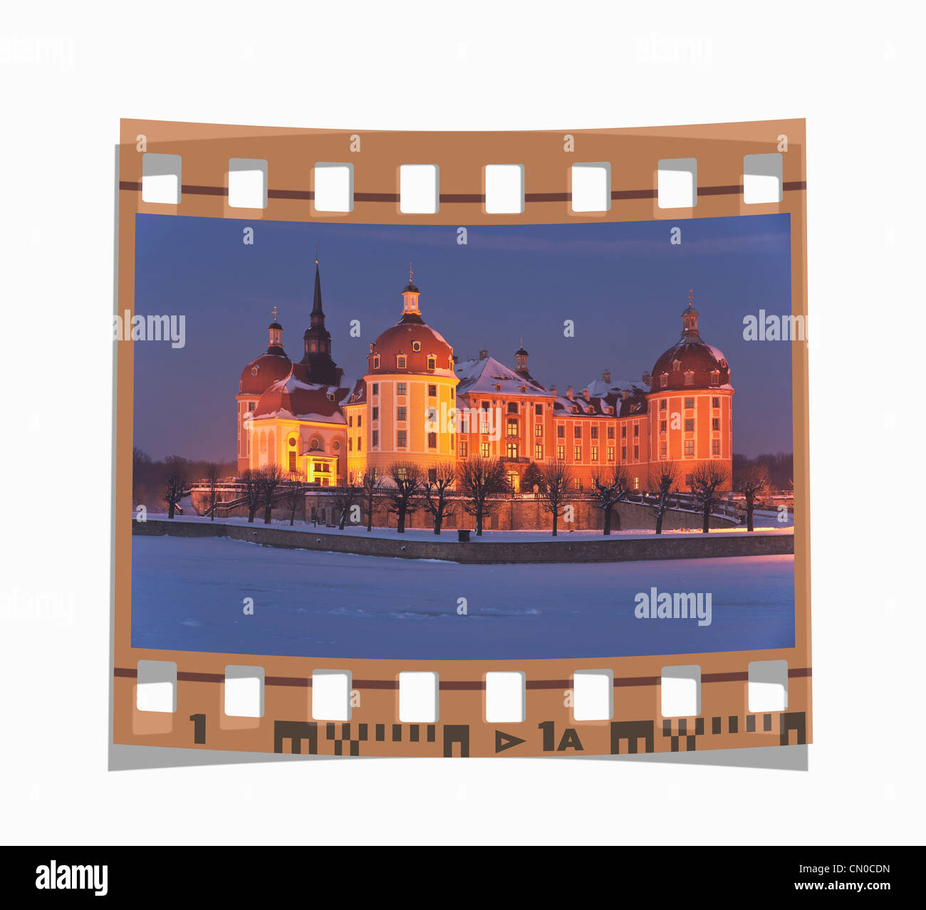 Filmstrip: Moritzburg Castle, baroque hunting lodge from Saxonian King August the Strong near Dresden, Germany Europe Stock Photo