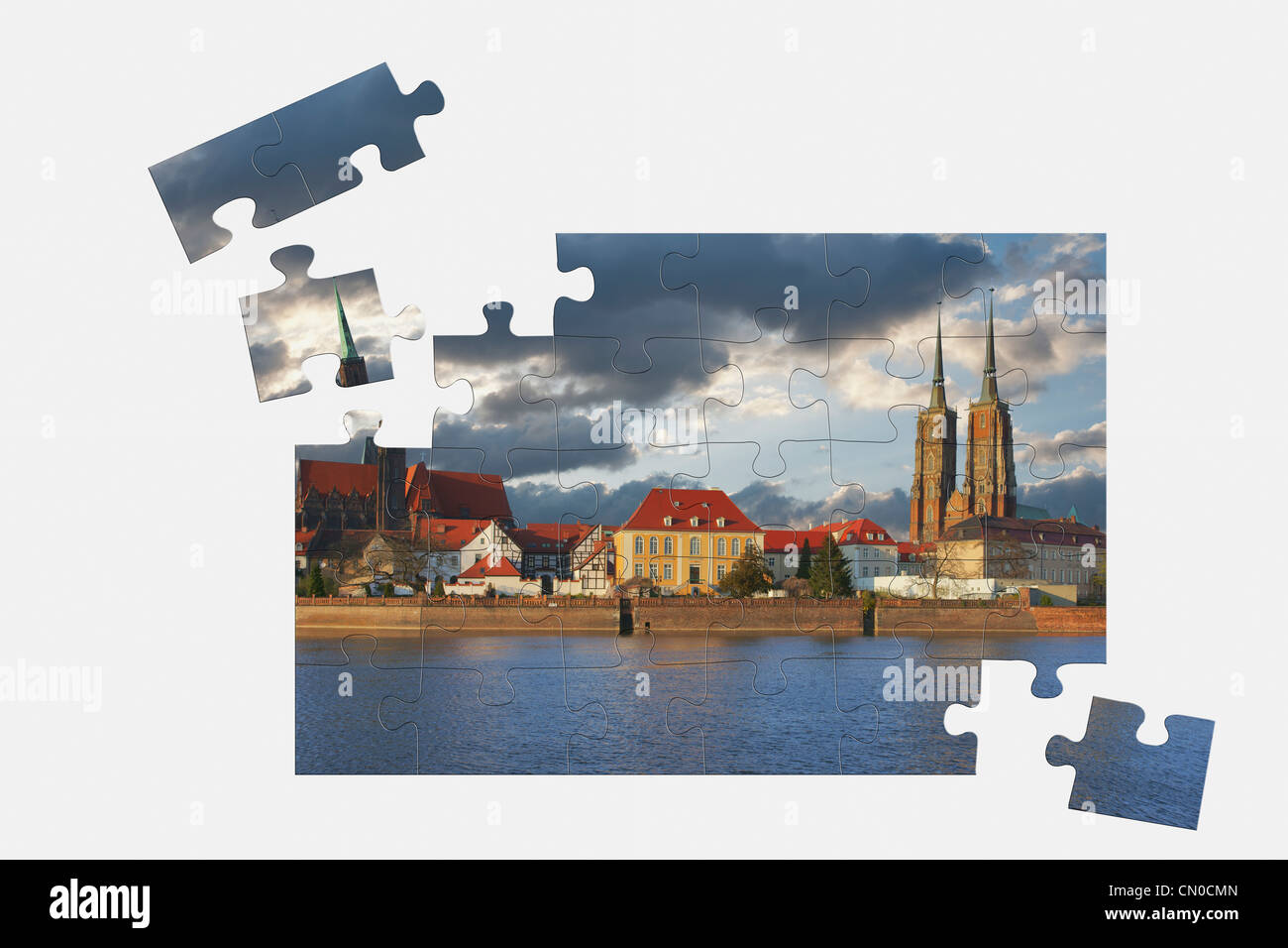 Puzzle: View over the Oder-River to dome island, the Dome and the Church of the Holy Cross, Wroclaw county, Poland Stock Photo