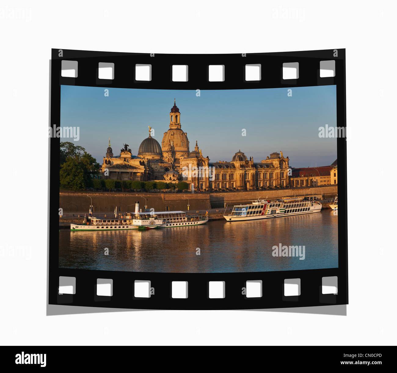 Filmstrip: Old Town view to the Church of our Lady in the early morning, Dresden, Germany, Europe Stock Photo