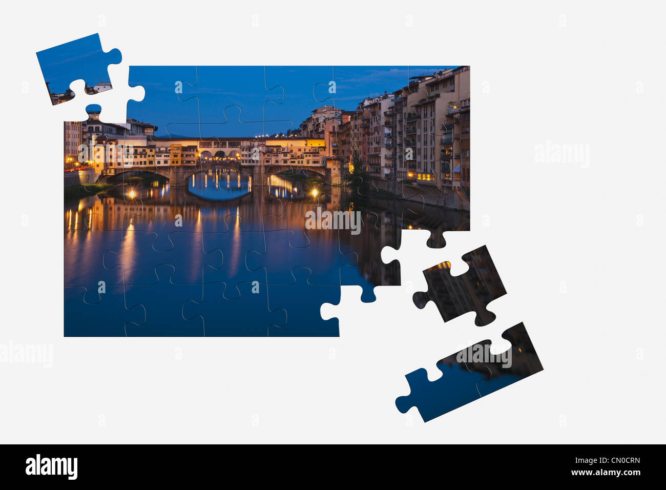 Puzzle: View over the River Arno to the Bridge Ponte Vecchio, Florence, Tuscany, Italy, Europe Stock Photo