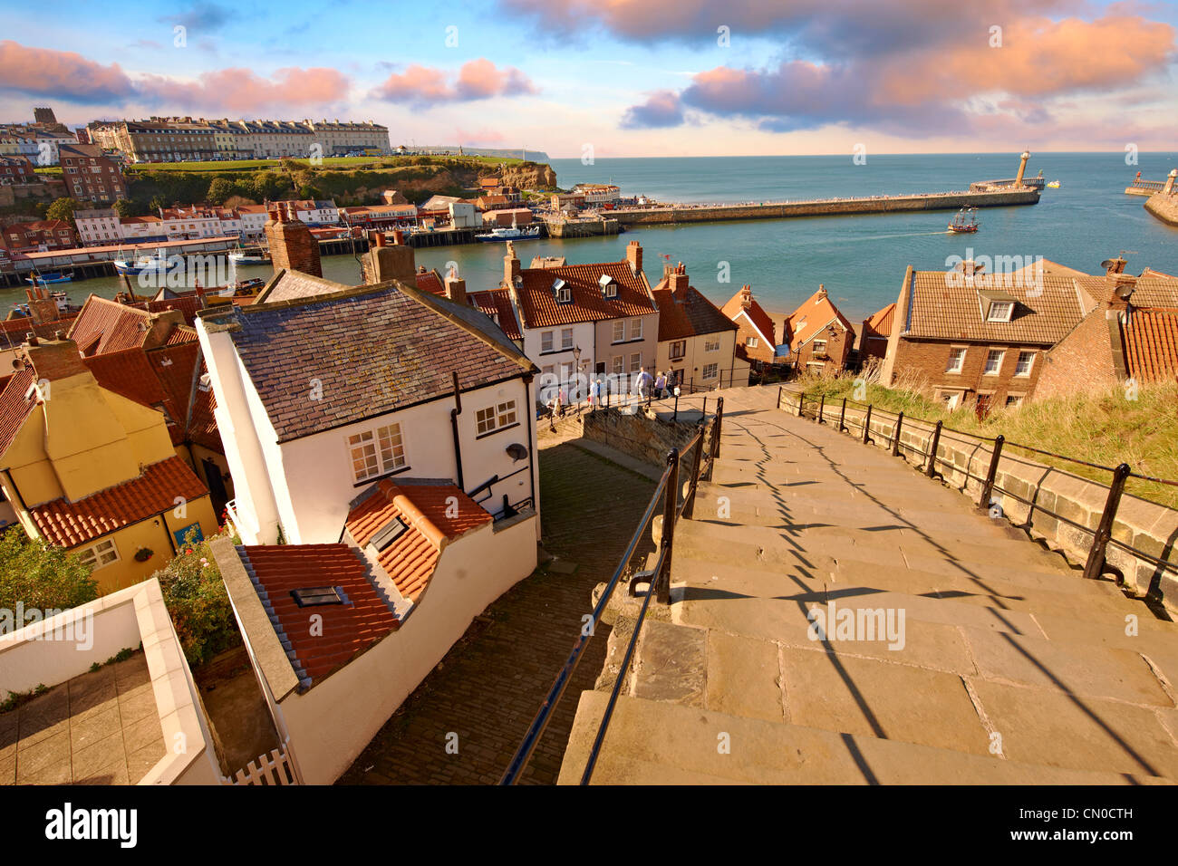 199 steps overlooking Whitby harbour. North Yorkshire, England Stock Photo