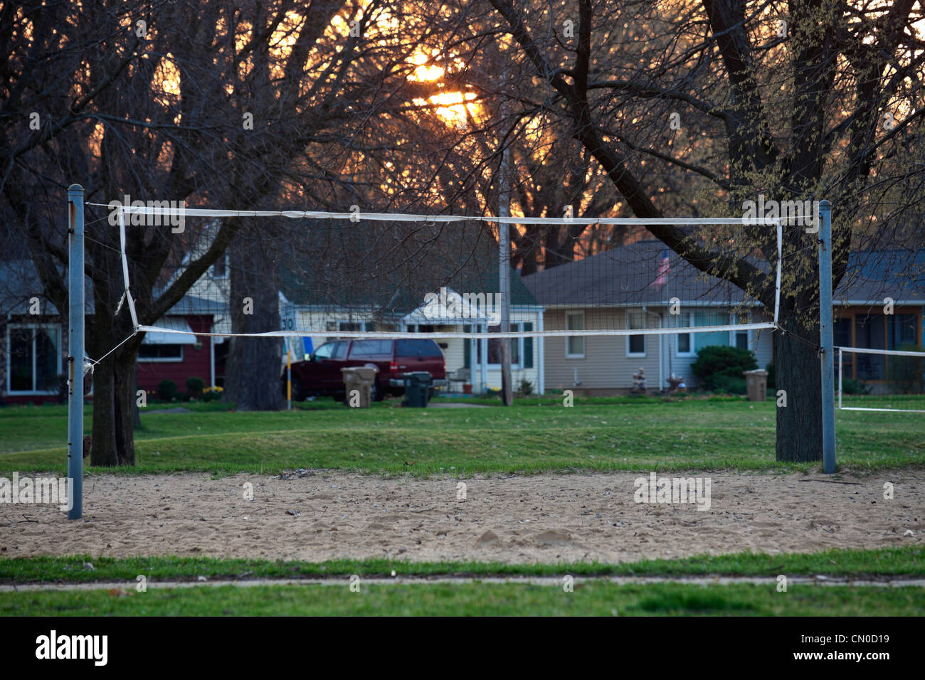 Volleyball field in the park seen at sunrise - Madison, Wisconsin Stock Photo