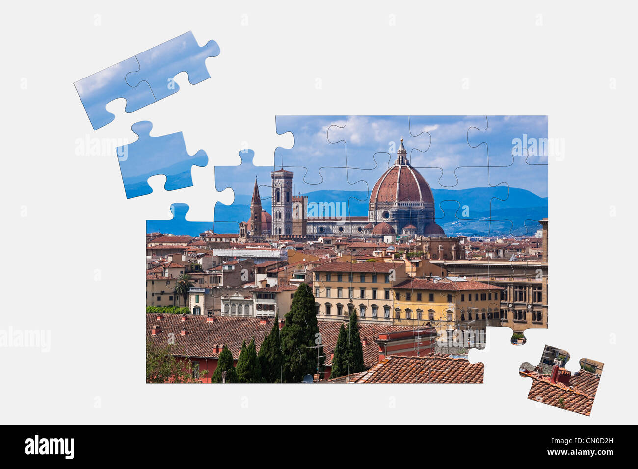 Puzzle: View to the Cathedral Duomo Santa Maria del Fiore and the bell tower Florence, Tuscany, Italy, Europe Stock Photo