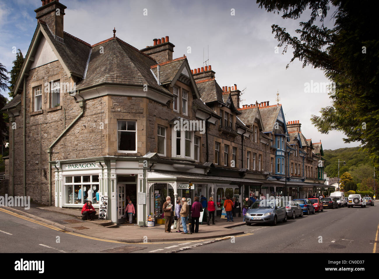 UK, Cumbria, Grange Over Sands, Main Street shops Stock Photo Alamy