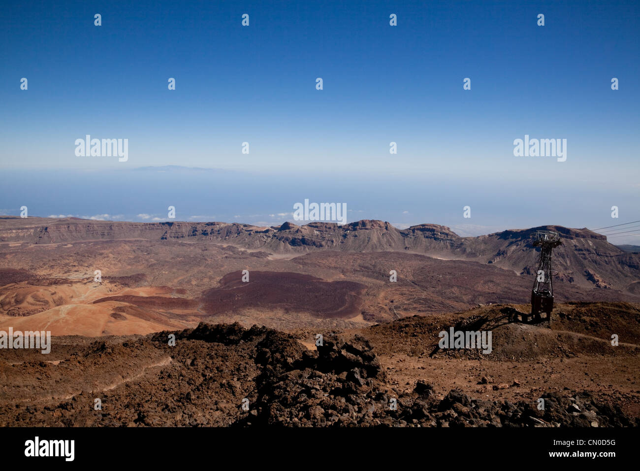 View from top cable car station of Mt Teide to the southern slopes and crater rim, showing lava flows and debris Stock Photo