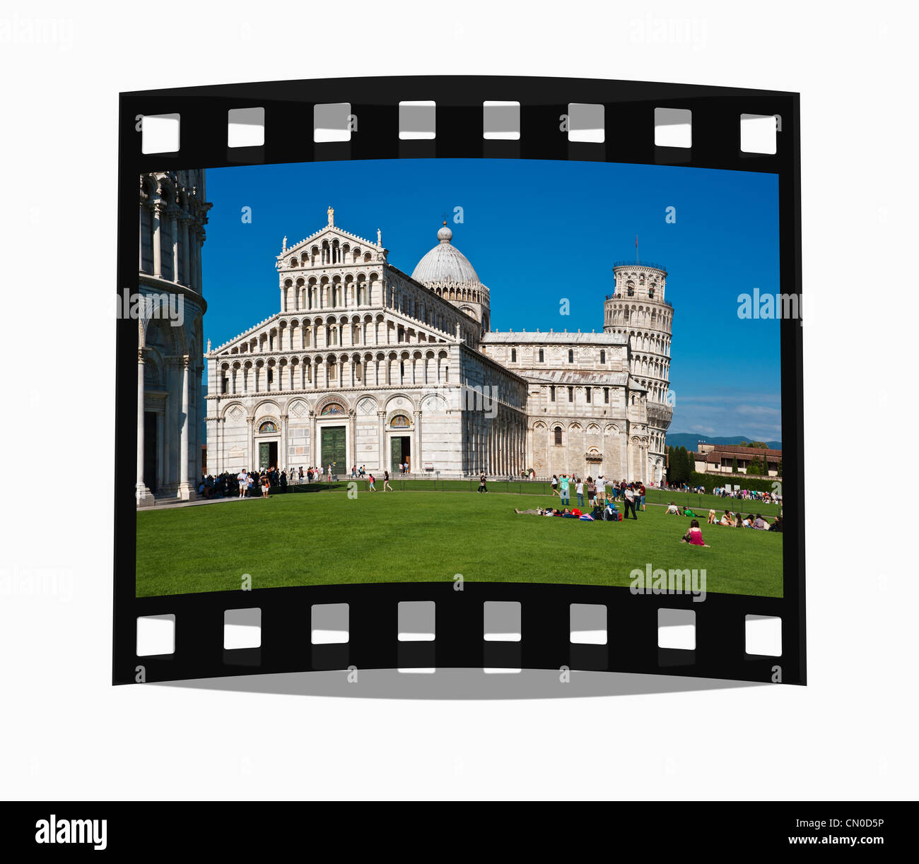 Filmstrip: Cathedral Square, Duomo St. Mary of the Assumption and the Leaning Tower of Pisa, 57 meters high, Pisa, Italy Stock Photo