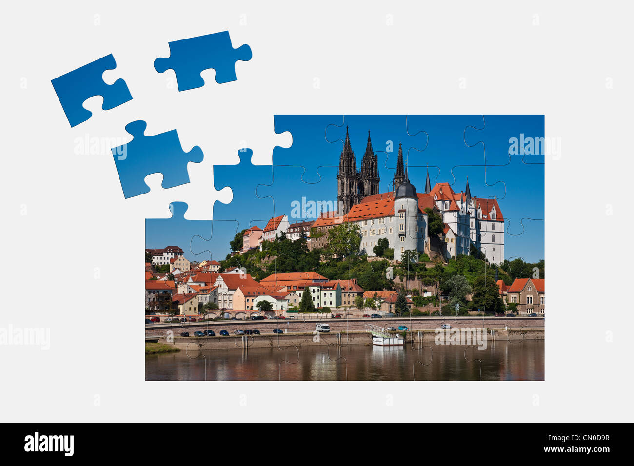 Puzzle: View over the Elbe river to Albrechtsburg Castle, Meissen, Saxony, Germany, Europe Stock Photo