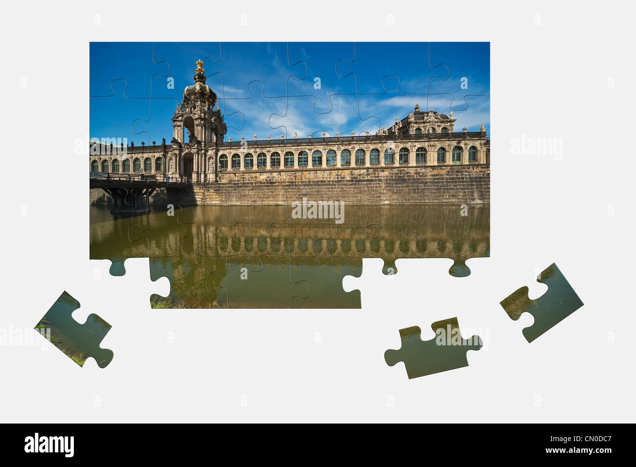 Puzzle: View over Zwinger moat to Crown Gate, Dresden, Saxony, Germany, Europe Stock Photo