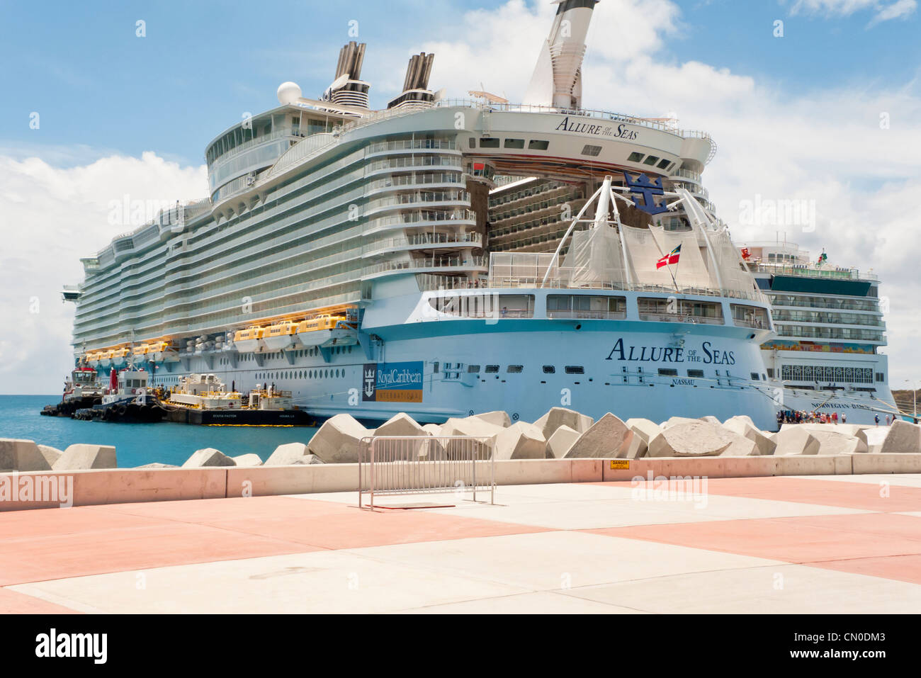 The stern of the largest cruise ship in the world, the Allure of the Seas, at dock in Saint Maartin. Stock Photo