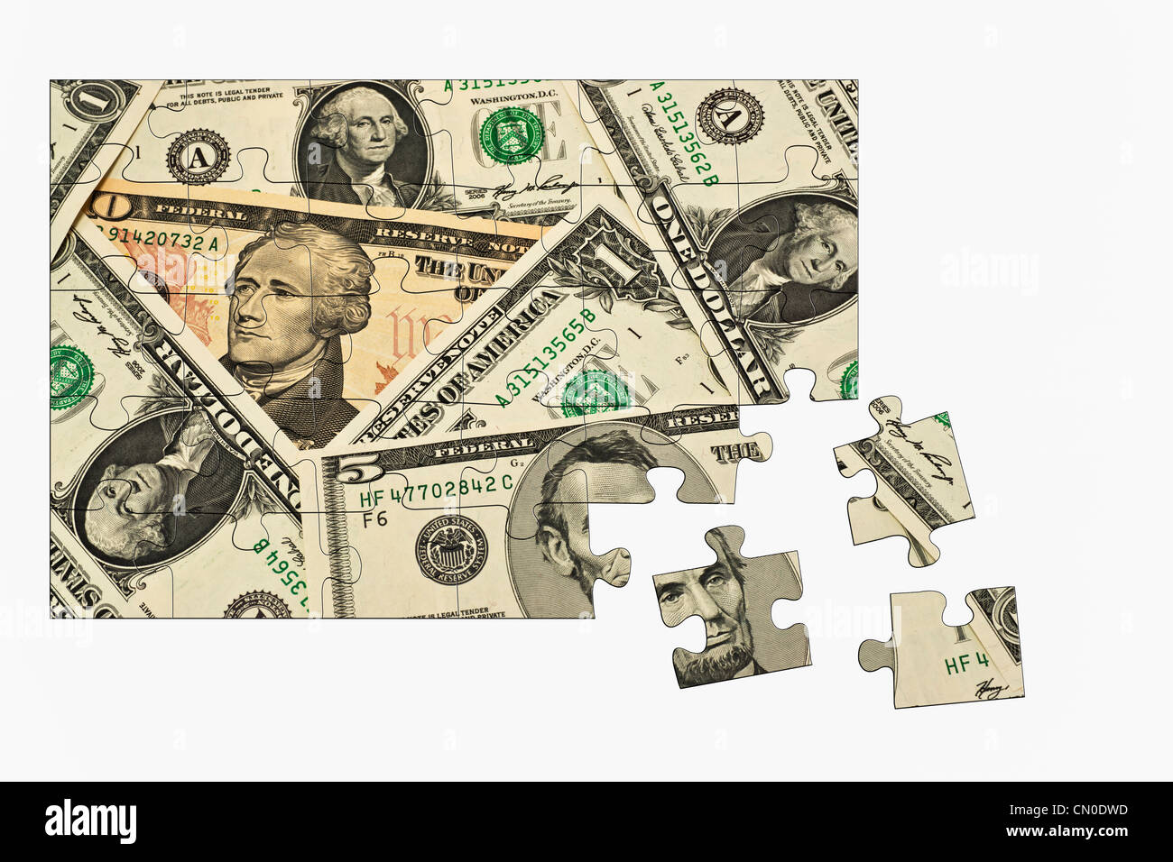 Puzzle:  Detail photo of various U.S. American dollar bills Stock Photo