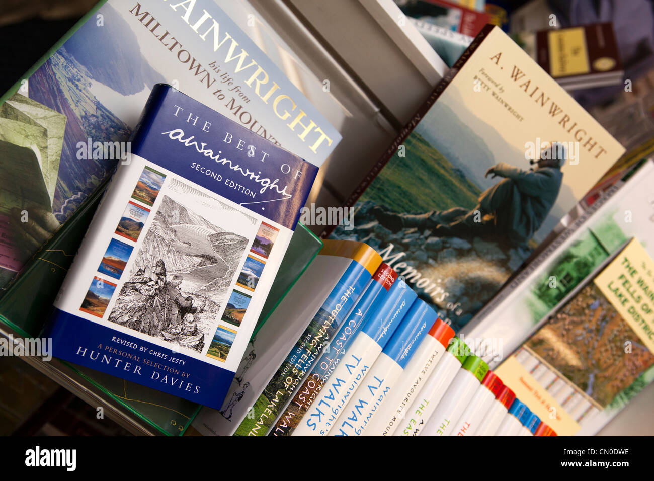 UK, Cumbria, Lake District, Alfred Wainwright Walks books in shop Stock Photo