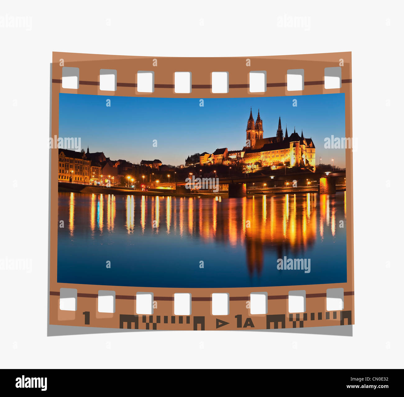 Filmstrip: View over the Elbe river to Albrechtsburg Castle, Meissen, Saxony, Germany, Europe Stock Photo