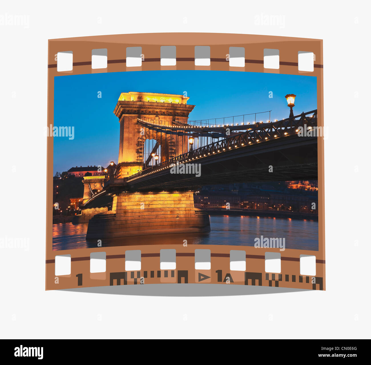 Filmstrip: Szechenyi Chain Bridge at night, Budapest, Hungary, Europe Stock Photo