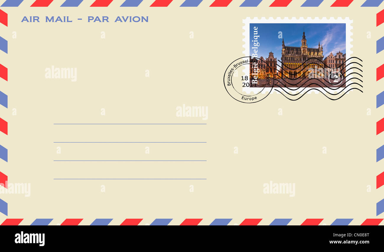Air mail envelope with a Stamp Grand Place, market square with baroque