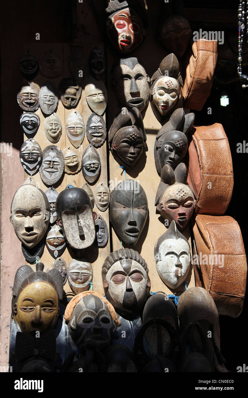 Wooden Masks for Sale in Marrakech Stock Photo