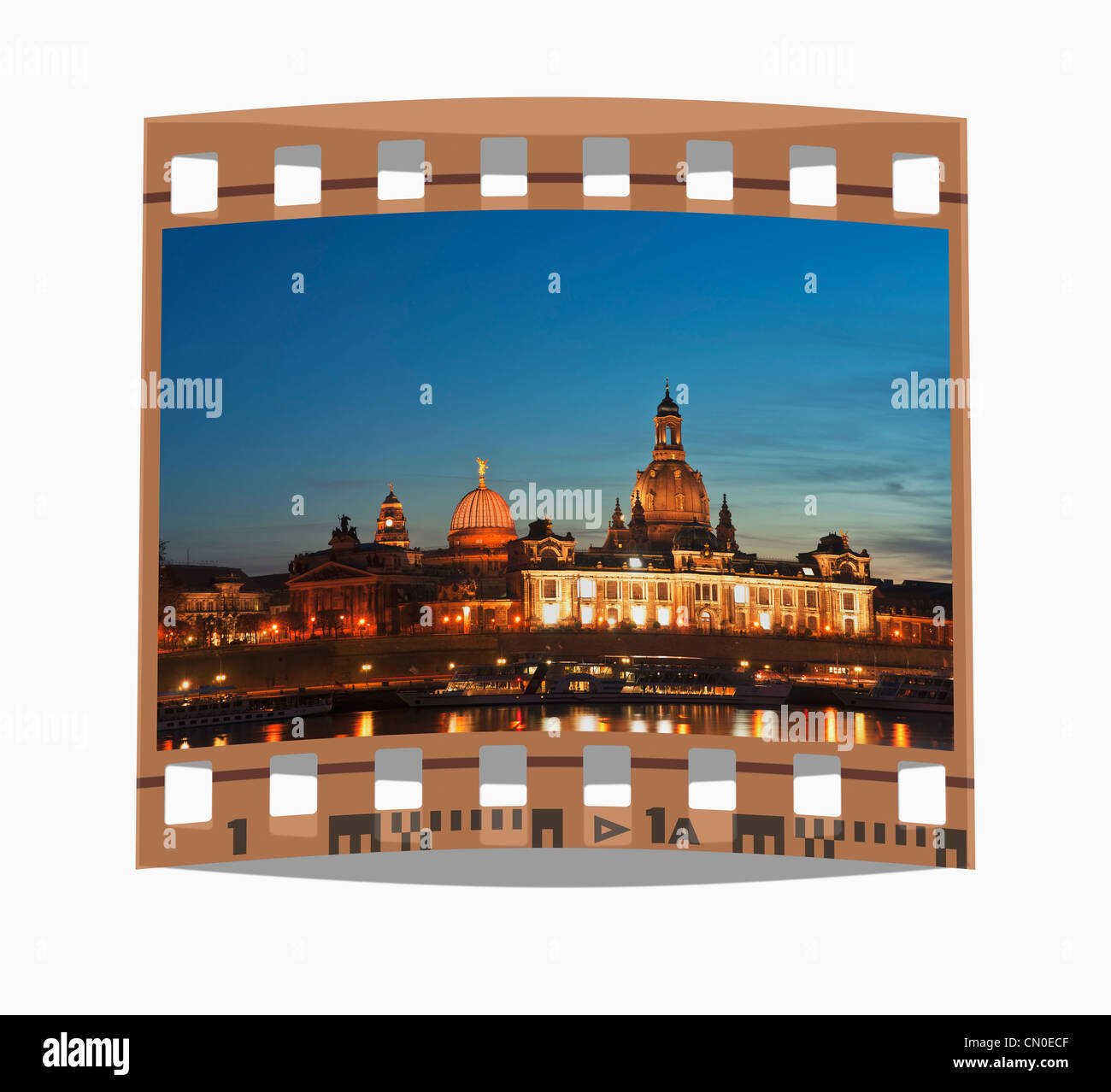 Filmstrip: Dresden view to old town at night, Dresden, Saxony Germany Europe Stock Photo