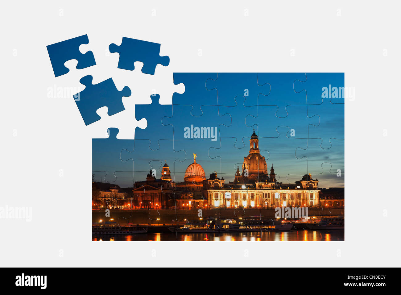 Puzzle: Dresden view to old town at night, Dresden, Saxony Germany Europe Stock Photo