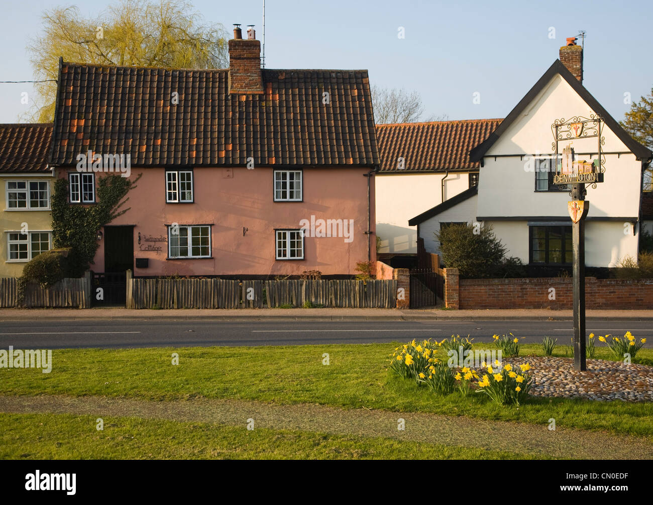 Village sign and buildings Dennington, Suffolk, England Stock Photo