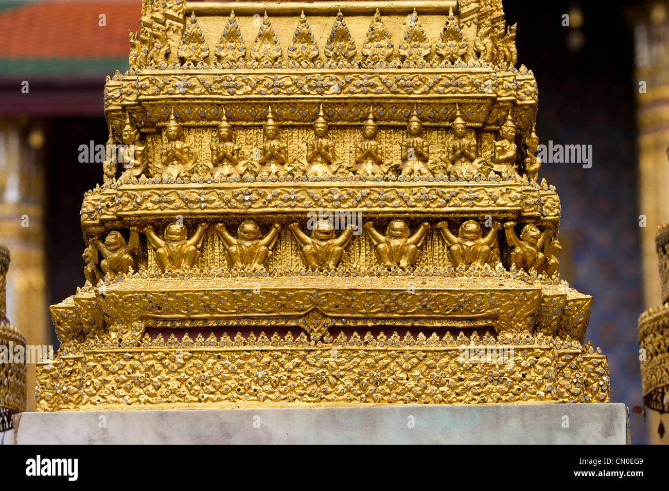Golden pagodas,monkey statues,wat pra keaw,Grand Palace, Bangkok,Thailand Stock Photo