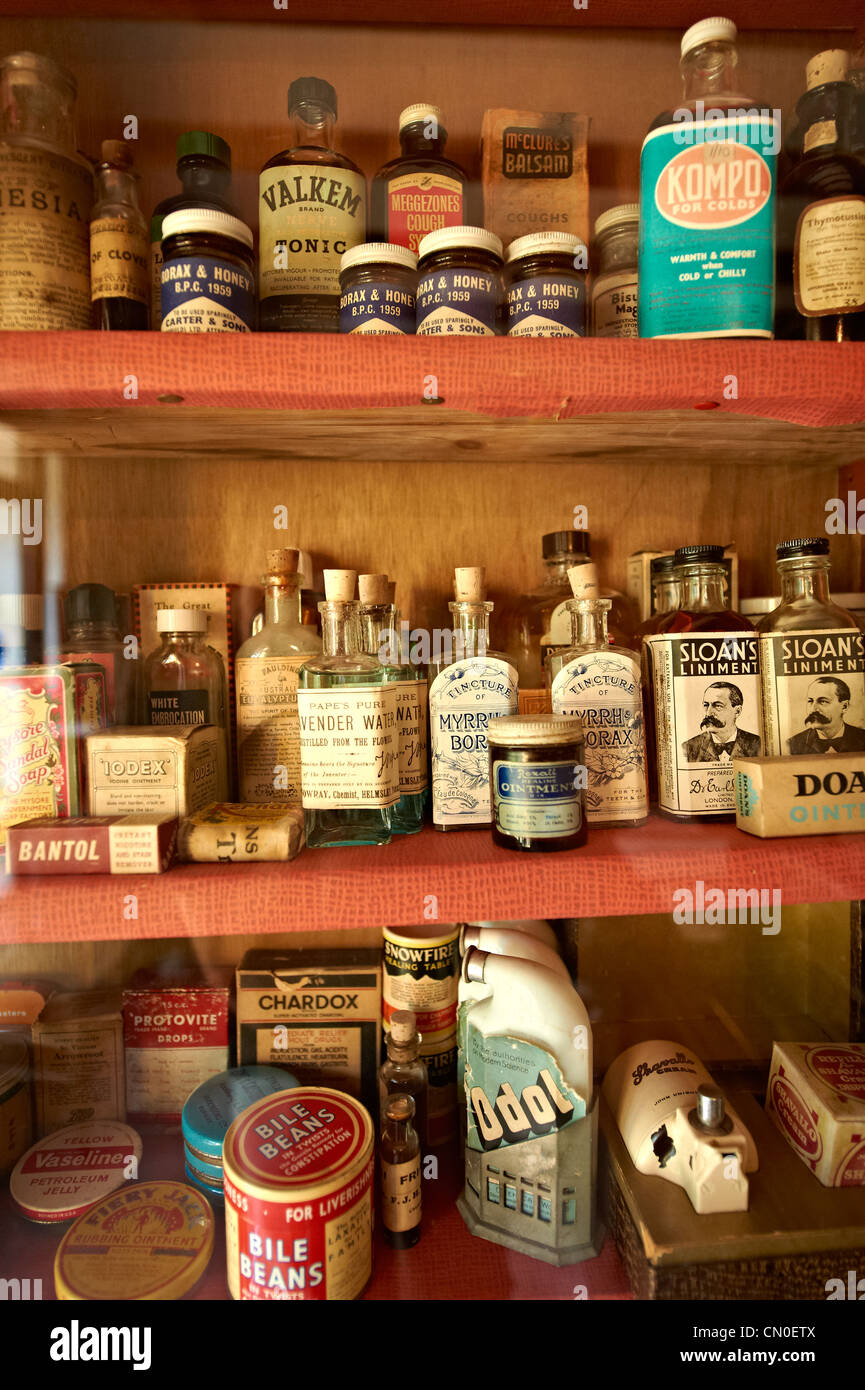 Inside of the old Village chemist at Ryedale Folk Museum, Hutton Le Hole, North Yorks Moors National Park, Yorkshire, England Stock Photo