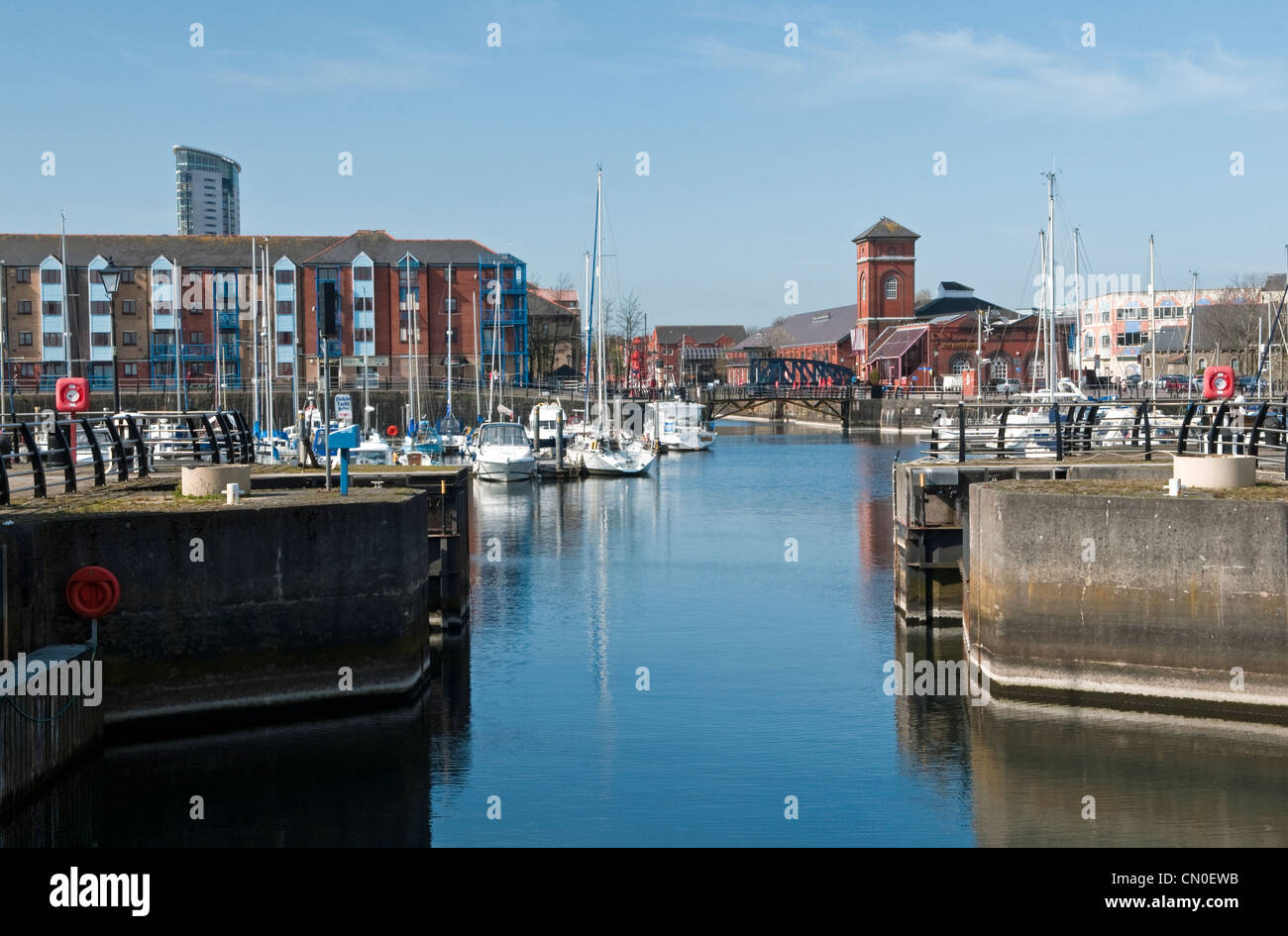 Swansea Marina in south Wales looking through where the old harbour lock gates would have been Stock Photo