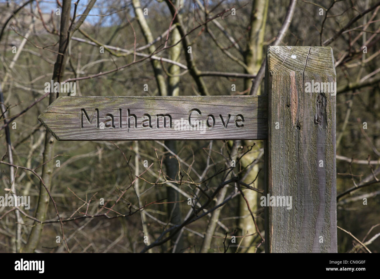 Signpost directions to Malham Cove, North Yorkshire. Stock Photo