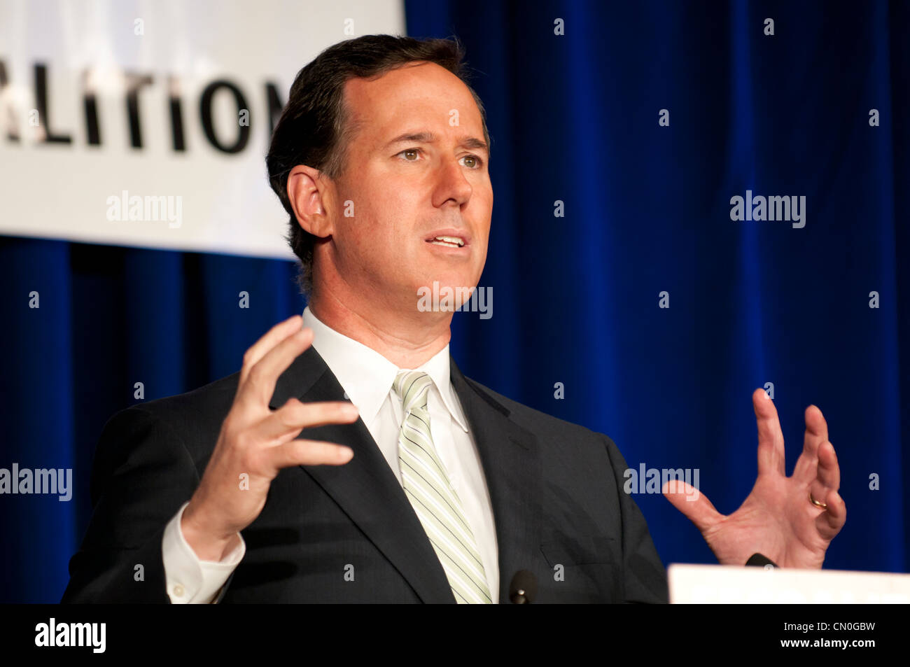 Rick Santorum speaks to a supportive crowd in Waukesha, WI in hopes of gathering support for the primaries. Stock Photo