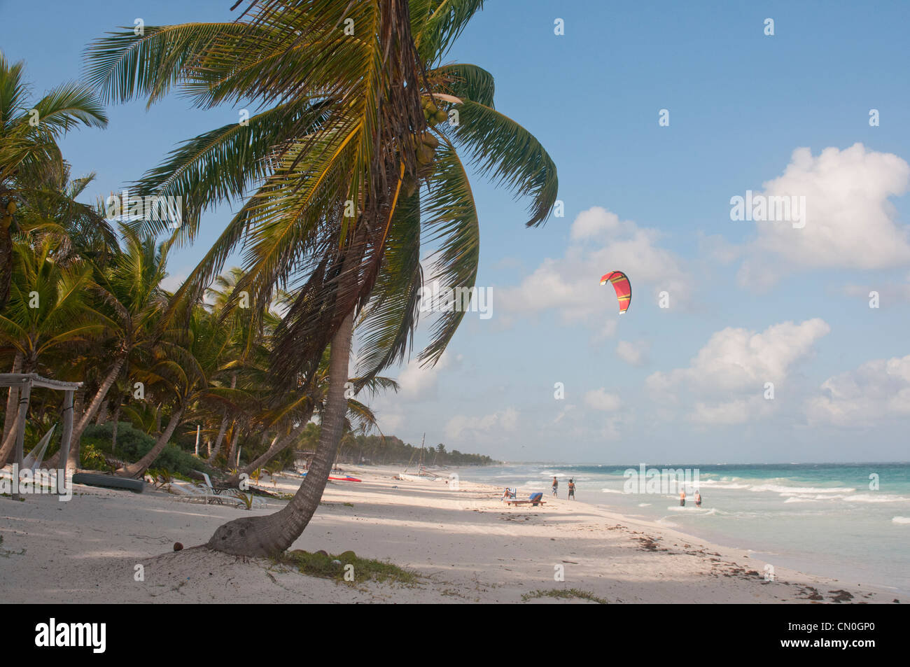 kite surfing on deserted white sand beach Tulum Mexico Stock Photo Alamy