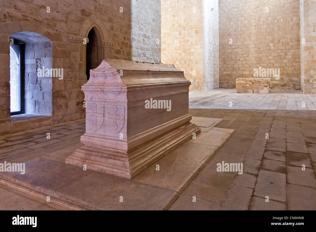 Flor da Rosa Monastery. Belonged to the Hospitaller Knights. Gothic Church nave and tomb of Dom Alvaro Gonçalves Pereira. Stock Photo