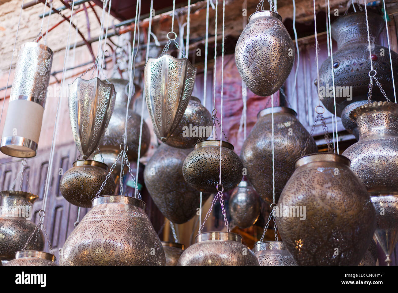 Moroccan metal lanterns lamps in Marrakesh souk Stock Photo