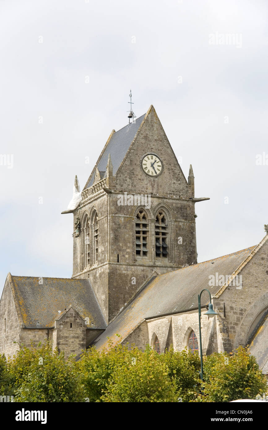 Sainte Mere Eglise in Normandy with an effigy of John Steele on the