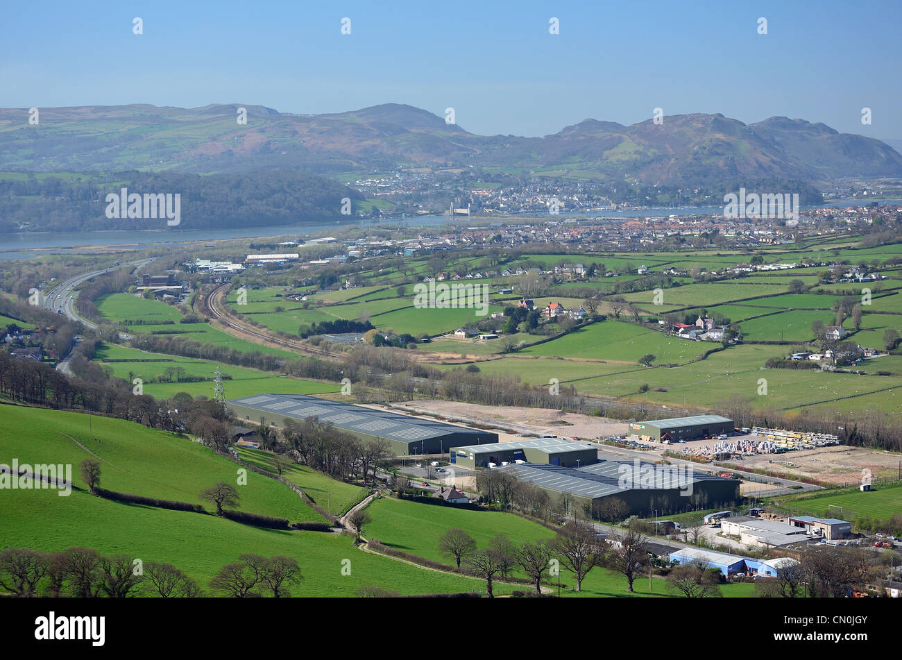 Mochdre Industrial Estate with A55 and river Conwy in the background Stock Photo