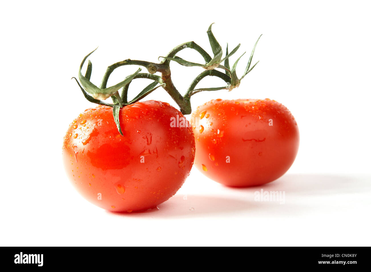 Red tomatoes with green leaves on a white background Stock Photo - Alamy