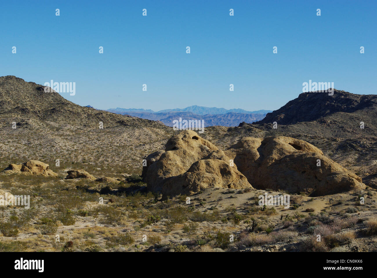 Bizarre rock formations and view on distant mountain chains, Nevada