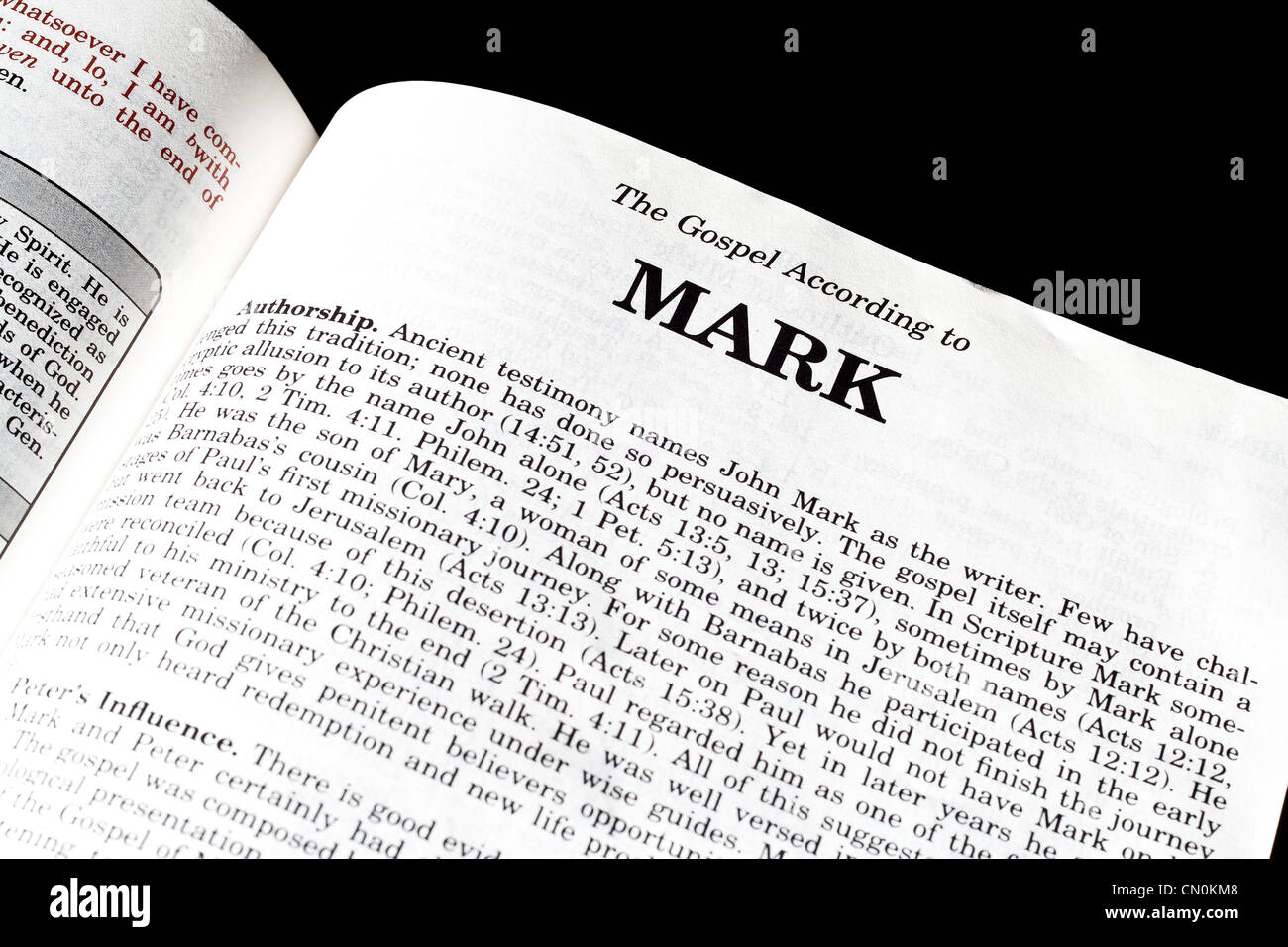 Bible opened up to the Gospel of Mark Stock Photo