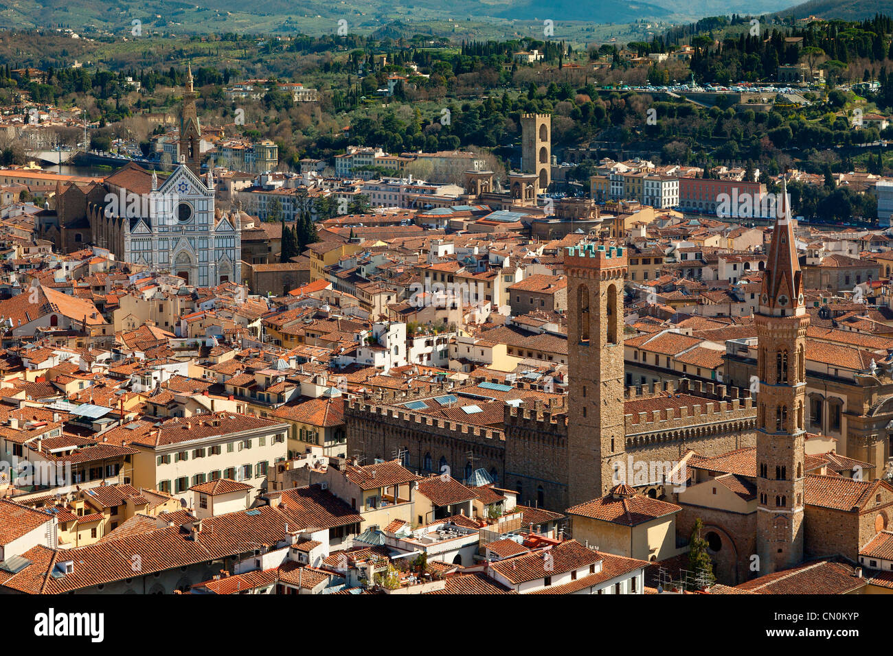 Florence, Bargello and Badia Fiorentina bell-towers, Santa Croce church, and the town from Giotto bell-tower Stock Photo