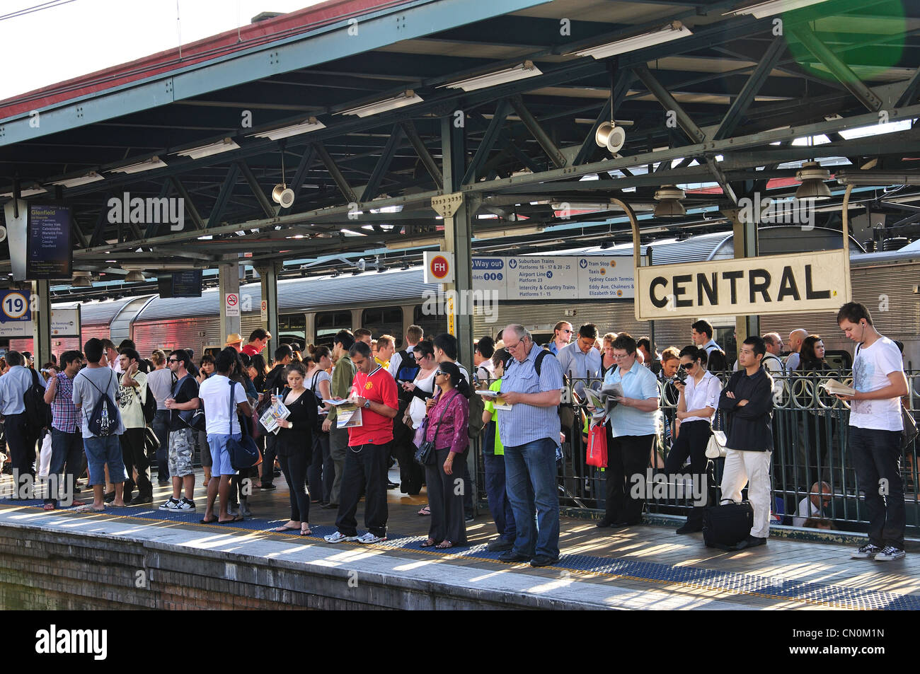 Passengers on crowded platform, Central Railway Station, Haymarket, Sydney, New South Wales, Australia Stock Photo