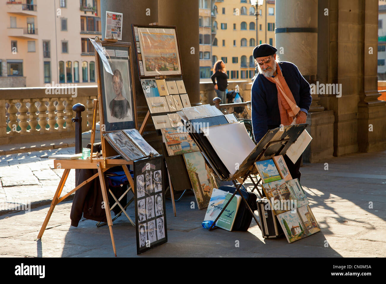 Europe, Italy, Florence, Street artist Painter at Uffizi Piazzale Stock