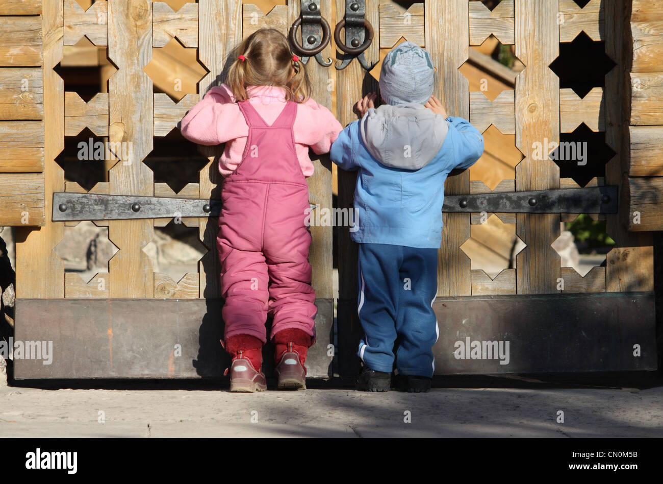 Children looking through the wooden gates Stock Photo Alamy
